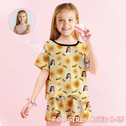 FacePajamas Pajama 8-9(XS) Big Kids Pajamas Custom Face Yellow Flowers Sleepwear Personalized Kids' Short Sleeve Pajama Set For Girls 8-15Y