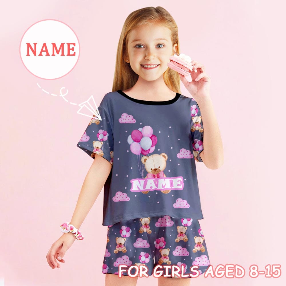 FacePajamas Pajama 8-9(XS) Big Kids Pajamas Custom Name Bear Balloon Sleepwear Personalized Short Sleeve Pajama Set For Girls 8-15Y