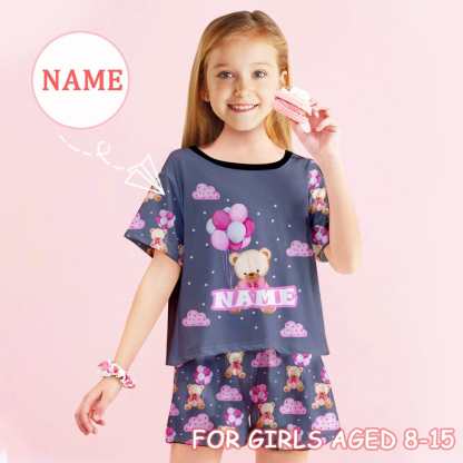FacePajamas Pajama 8-9(XS) Big Kids Pajamas Custom Name Bear Balloon Sleepwear Personalized Short Sleeve Pajama Set For Girls 8-15Y