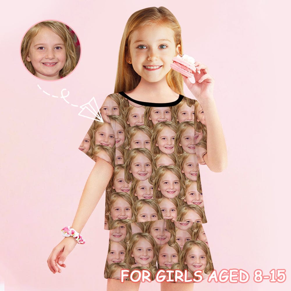 FacePajamas Pajamas For Girl / 8-9Y #Holiday Special Pajamas #Father's Day #Parent Child Clothing-Custom Face Seamless Crew Neck Short Pajama Set For Holiday Gift