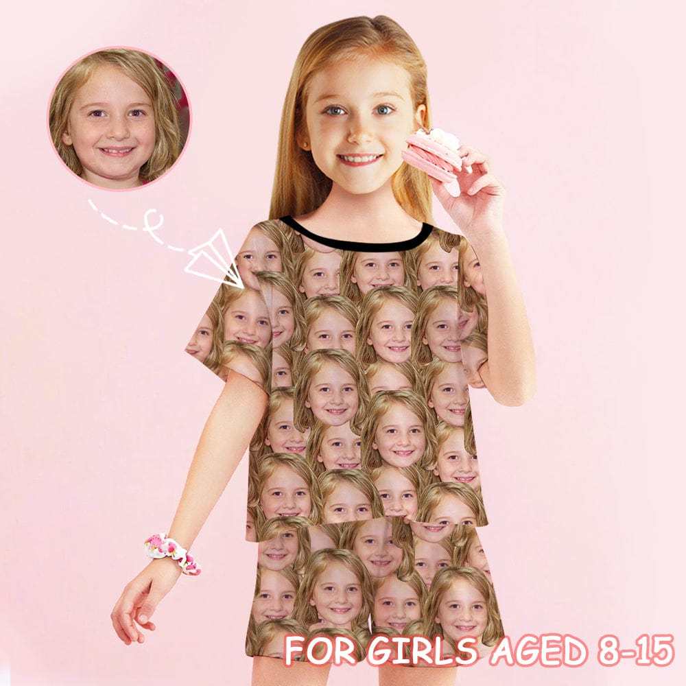 FacePajamas Pajamas For Girl / 8-9Y #Holiday Special Pajamas #Father's Day #Parent Child Clothing-Custom Face Seamless Crew Neck Short Pajama Set For Holiday Gift