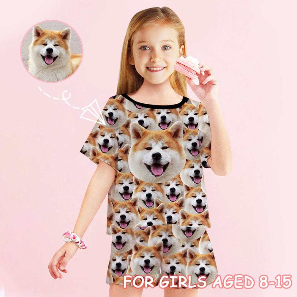 FacePajamas Pajamas 8-9Y [Special Sale] Big Kids Pajamas Custom Pet Photo Sleepwear Cute Dog Short Sleeve Pajama Set For Girls 8-15Y