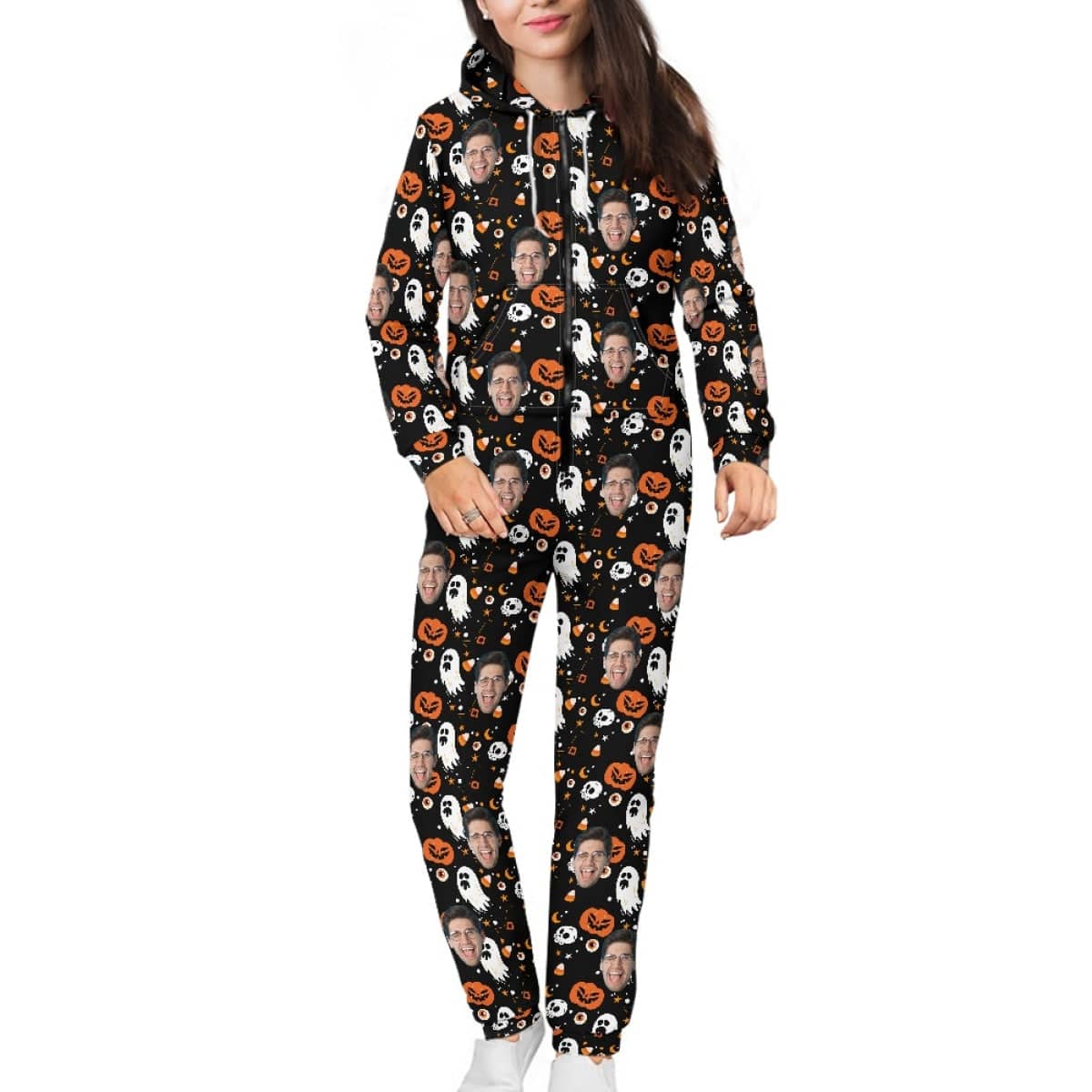 FacePajamas Hooded Onesie-2ML-ZD Adult / S Halloween Custom Face Ghost Family Hooded Onesie Jumpsuits with Pocket Personalized Zip One-piece Pajamas for Adult kids