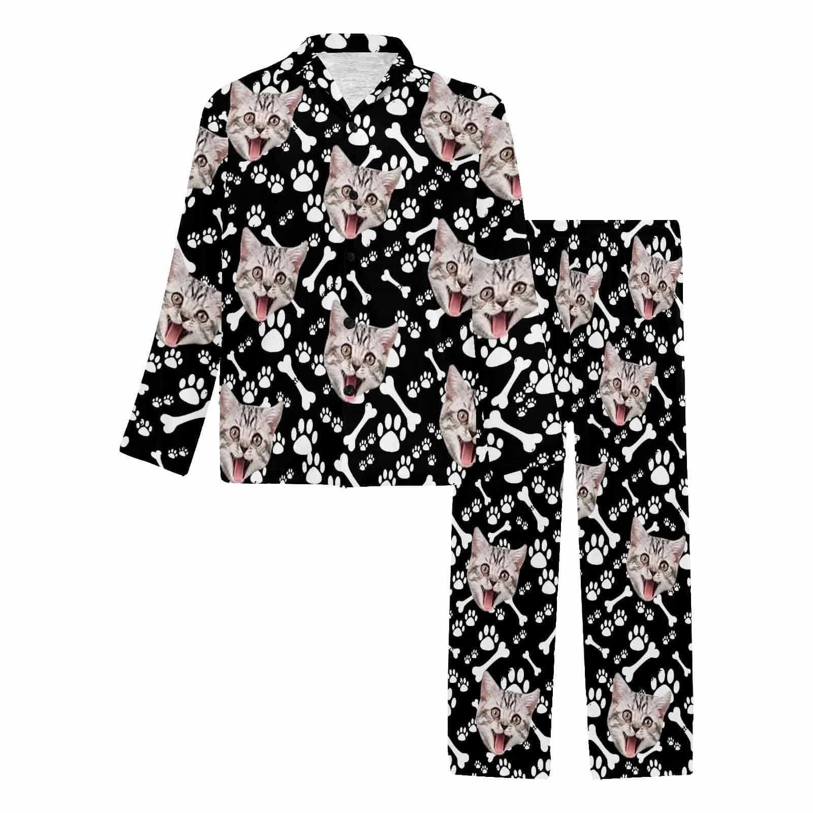 FacePajamas Pajama Black / S Custom Pet Face Lovely Cat Blue Black Persoanlized Sleepwear Men's Long Pajama Set
