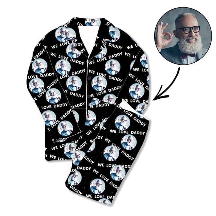 FacePajamas Pajama Black / S Father's Day Pajamas for Men-Custom Photo We Love Dad Pajamas Personalized Men's V-Neck Long Sleeve Pajama Set