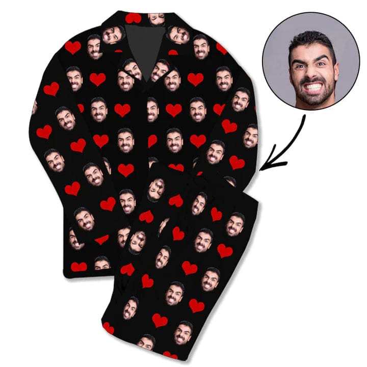 FacePajamas Pajama Black / S Soft Long Sleeve Pajamas for Men-Custom Face Red Heart Pajamas Personalized Men's V-Neck Long Sleeve Pajama Set Gift for Him