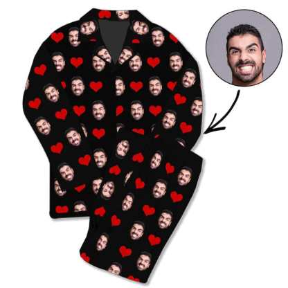 FacePajamas Pajama Black / S Soft Long Sleeve Pajamas for Men-Custom Face Red Heart Pajamas Personalized Men's V-Neck Long Sleeve Pajama Set Gift for Him