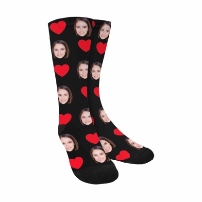 FacePajamas Sublimated Crew Socks Black Socks with Custom Face Heart Women Sublimated Crew Socks Personalized Socks with Picture for Mom
