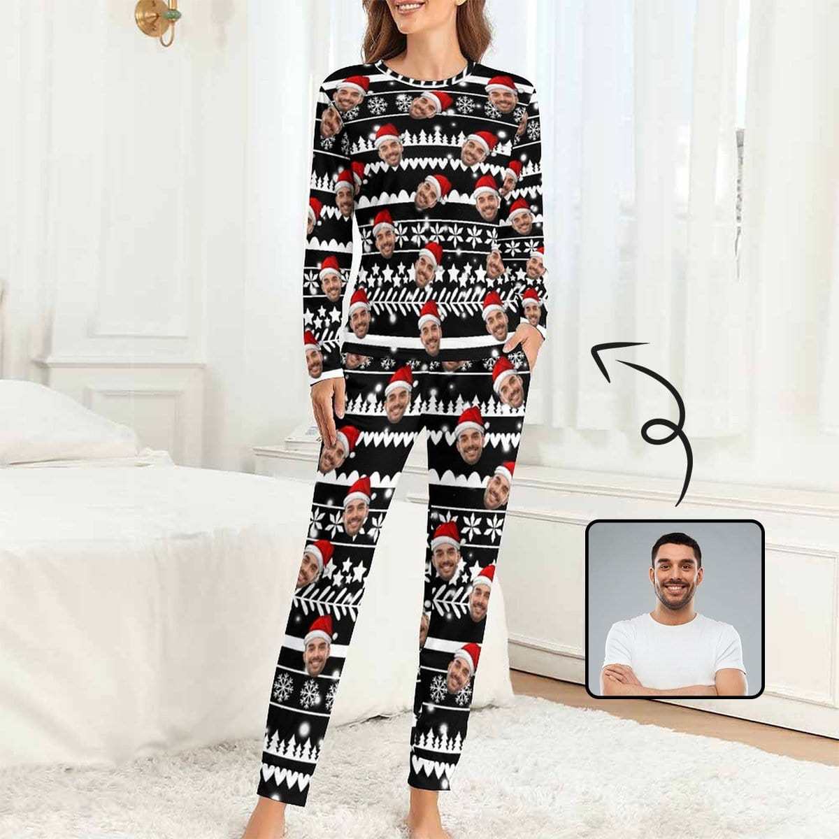 FacePajamas Pajama Black / XS Custom Boyfriend Face Christmas Pattern Sleepwear Personalized Women's Slumber Party Crewneck Long Pajamas Set