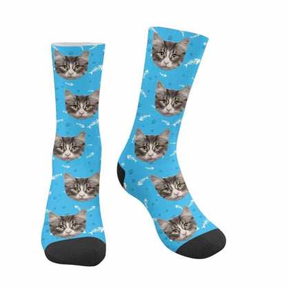 FacePajamas Sublimated Crew Socks Blue Custom Pet Sublimated Crew Socks Personalized Cat Face Novelty Socks Printed Photo Pet Socks Design Your Photo on Socks for Pet Lover
