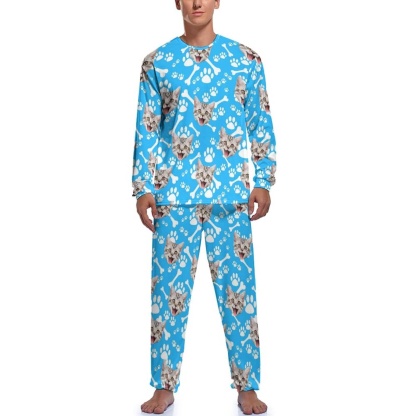 FacePajamas Pajama Blue / S Personalized Photo Crewneck Long Pet Pajama Set Custom Face Cat's Footprints Men's Pajamas