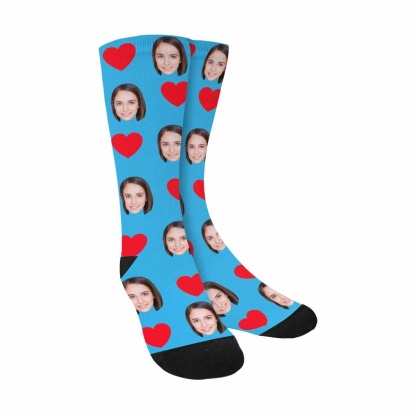 FacePajamas Sublimated Crew Socks Blue Socks with Custom Face Heart Women Sublimated Crew Socks Personalized Socks with Picture for Mom