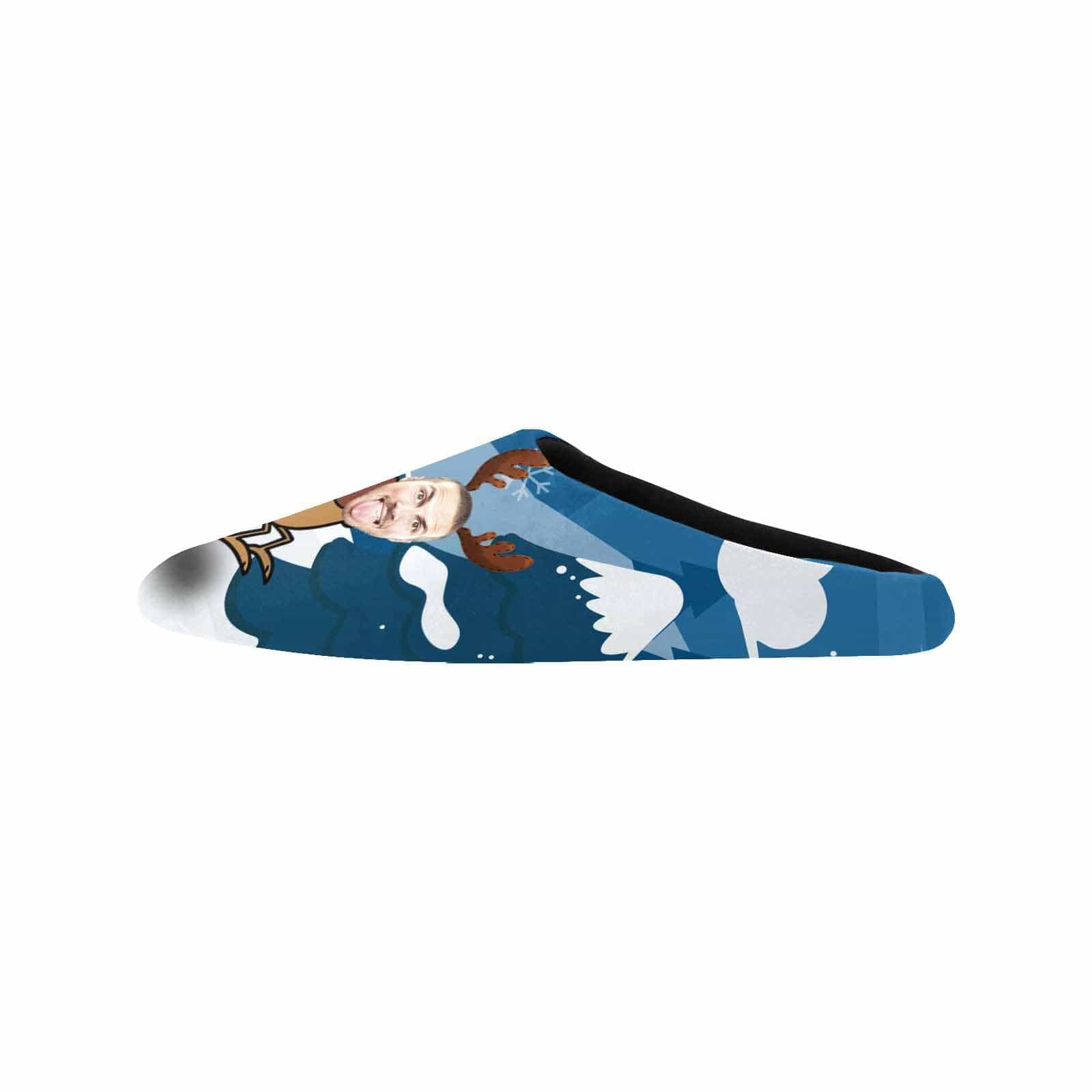 FacePajamas Slippers Couple Gift Blue Custom Face Christmas Sleigh All Over Print Personalized Non-Slip Cotton Slippers For Girlfriend Boyfriend