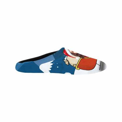 FacePajamas Slippers Couple Gift Blue Custom Face Christmas Sleigh All Over Print Personalized Non-Slip Cotton Slippers For Girlfriend Boyfriend