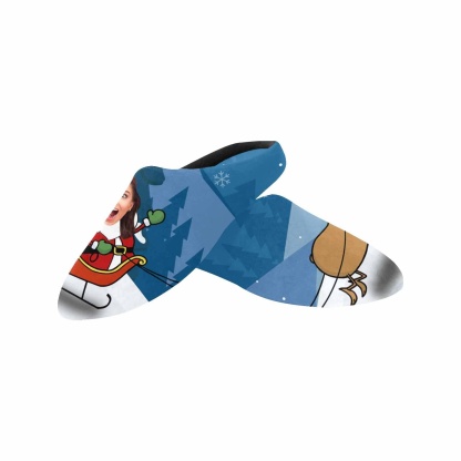 FacePajamas Slippers Couple Gift Blue Custom Face Christmas Sleigh All Over Print Personalized Non-Slip Cotton Slippers For Girlfriend Boyfriend