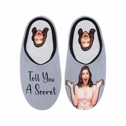 FacePajamas Slippers Couple Gift Grey Custom Photo&Text All Over Print Personalized Non-Slip Cotton Slippers For Girlfriend Boyfriend