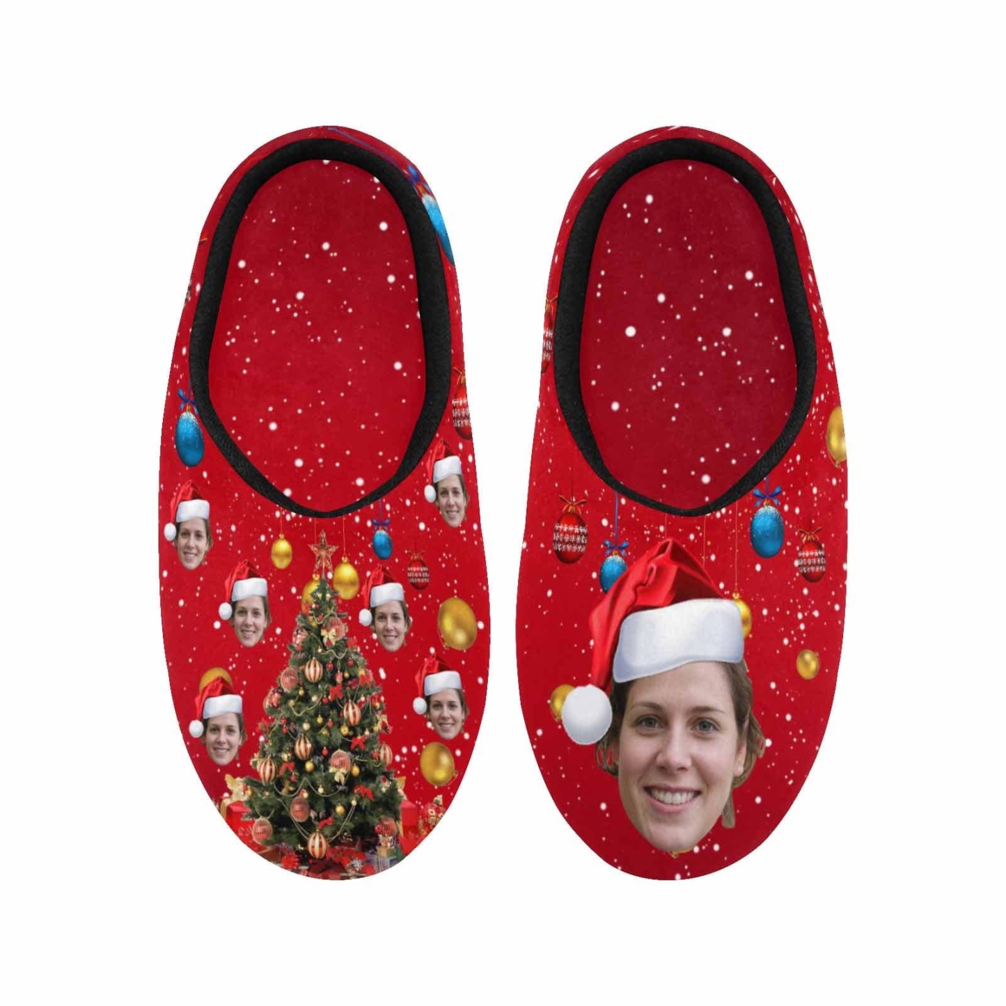 FacePajamas Slippers Couple Gift Red Custom Face Christmas Tree All Over Print Personalized Non-Slip Cotton Slippers For Girlfriend Boyfriend