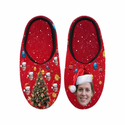 FacePajamas Slippers Couple Gift Red Custom Face Christmas Tree All Over Print Personalized Non-Slip Cotton Slippers For Girlfriend Boyfriend
