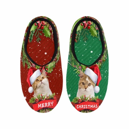 FacePajamas Slippers Couple Gift Red Green Custom Pet Cat Photo All Over Print Personalized Non-Slip Cotton Slippers For Girlfriend Boyfriend