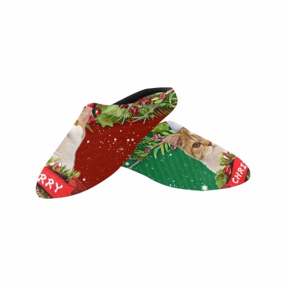 FacePajamas Slippers Couple Gift Red Green Custom Pet Cat Photo All Over Print Personalized Non-Slip Cotton Slippers For Girlfriend Boyfriend