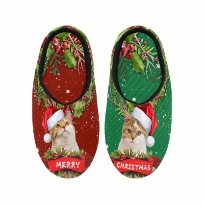 FacePajamas Slippers Couple Gift Red Green Custom Pet Cat Photo All Over Print Personalized Non-Slip Cotton Slippers For Girlfriend Boyfriend