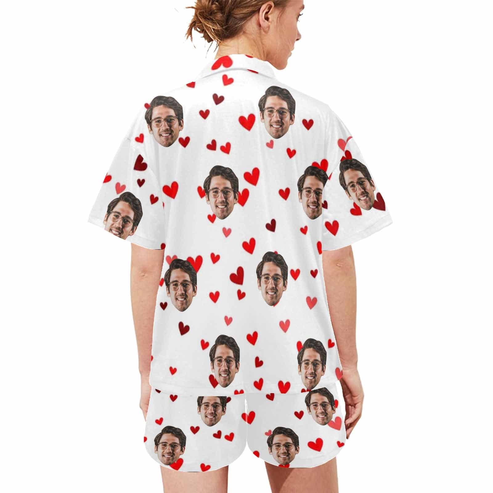 FacePajamas Pajama [Couple Pajamas] Custom Face Pajamas Red Love Summer Loungewear Personalized Couple Matching V-Neck Short Pajama Set