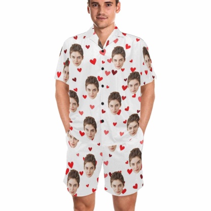FacePajamas Pajama [Couple Pajamas] Custom Face Pajamas Red Love Summer Loungewear Personalized Couple Matching V-Neck Short Pajama Set