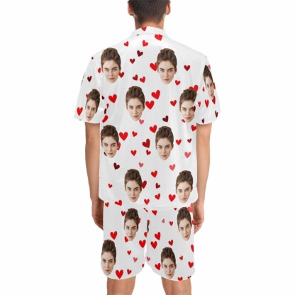 FacePajamas Pajama [Couple Pajamas] Custom Face Pajamas Red Love Summer Loungewear Personalized Couple Matching V-Neck Short Pajama Set