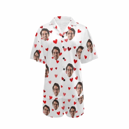FacePajamas Pajama [Couple Pajamas] Custom Face Pajamas Red Love Summer Loungewear Personalized Couple Matching V-Neck Short Pajama Set