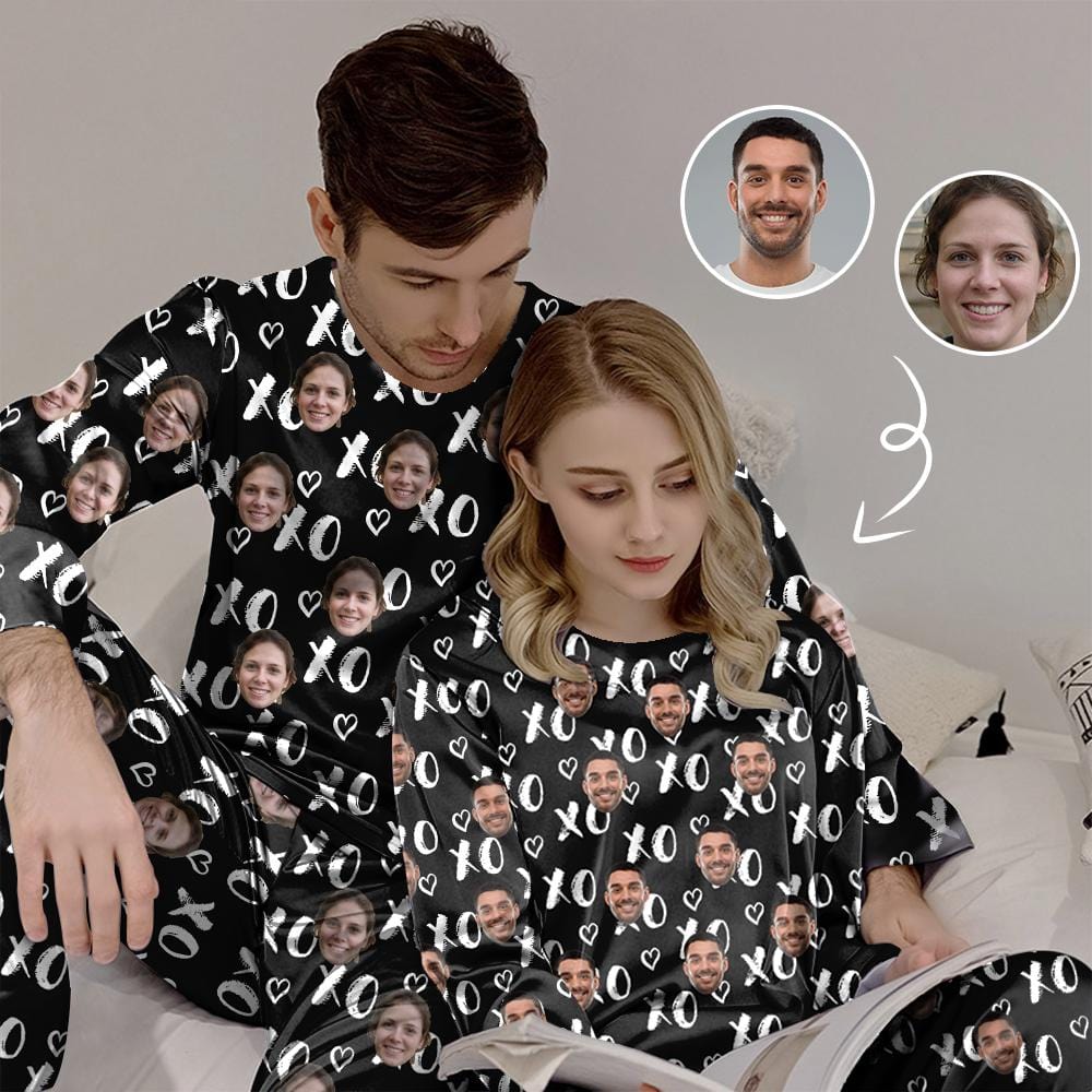 FacePajamas Pajama Couple Sleepwear Custom Face XO Black Couple Matching Pajamas Personalized Photo Pajama Set for Boyfriend