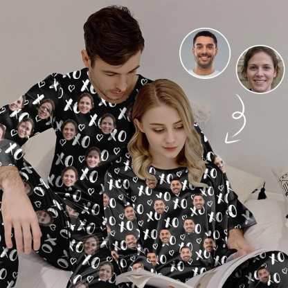 FacePajamas Pajama Couple Sleepwear Custom Face XO Black Couple Matching Pajamas Personalized Photo Pajama Set for Boyfriend