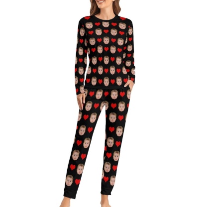 FacePajamas Pajama Custom Baby Face Pajamas Love Heart Sleepwear Personalized Women's Slumber Party Crewneck Long Pajamas Set