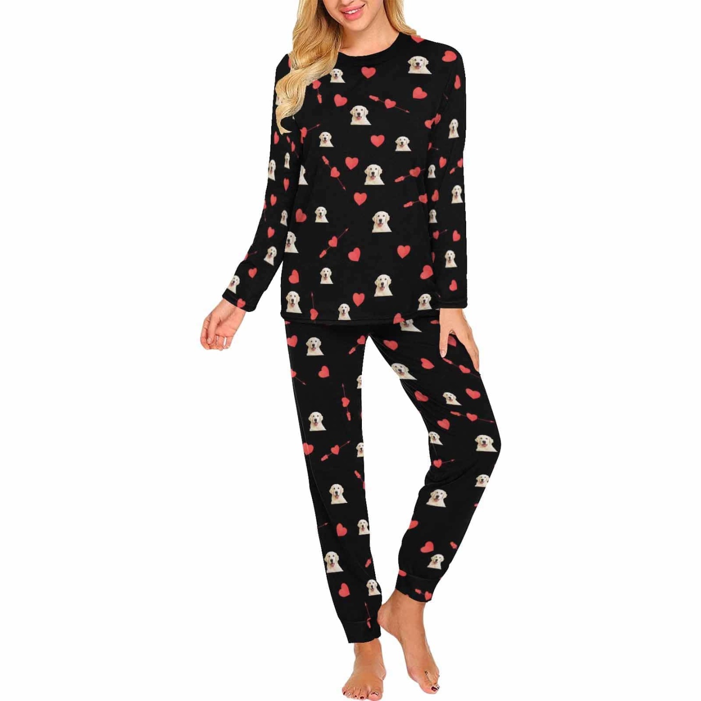 FacePajamas Custom Black Women's Long Crew Neck Pajama Set Valentine's Day with My Special Sweetheart
