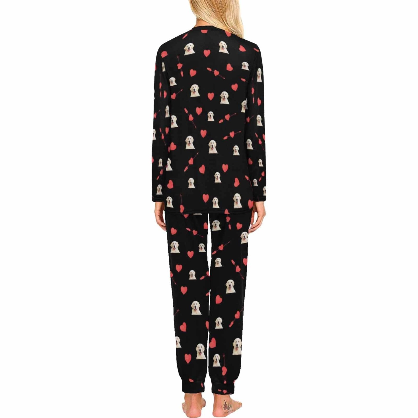 FacePajamas Custom Black Women's Long Crew Neck Pajama Set Valentine's Day with My Special Sweetheart