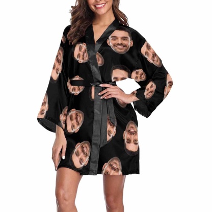 FacePajamas Pajama Custom Boyfriend Face Black Background Women's Short Pajamas Funny Personalized Photo Pajamas Kimono Robe