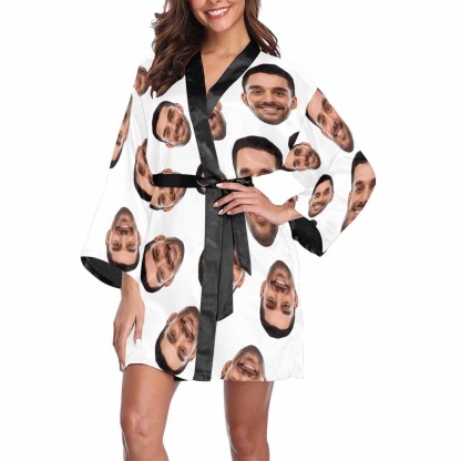 FacePajamas Pajama Custom Boyfriend Face Black Background Women's Short Pajamas Funny Personalized Photo Pajamas Kimono Robe