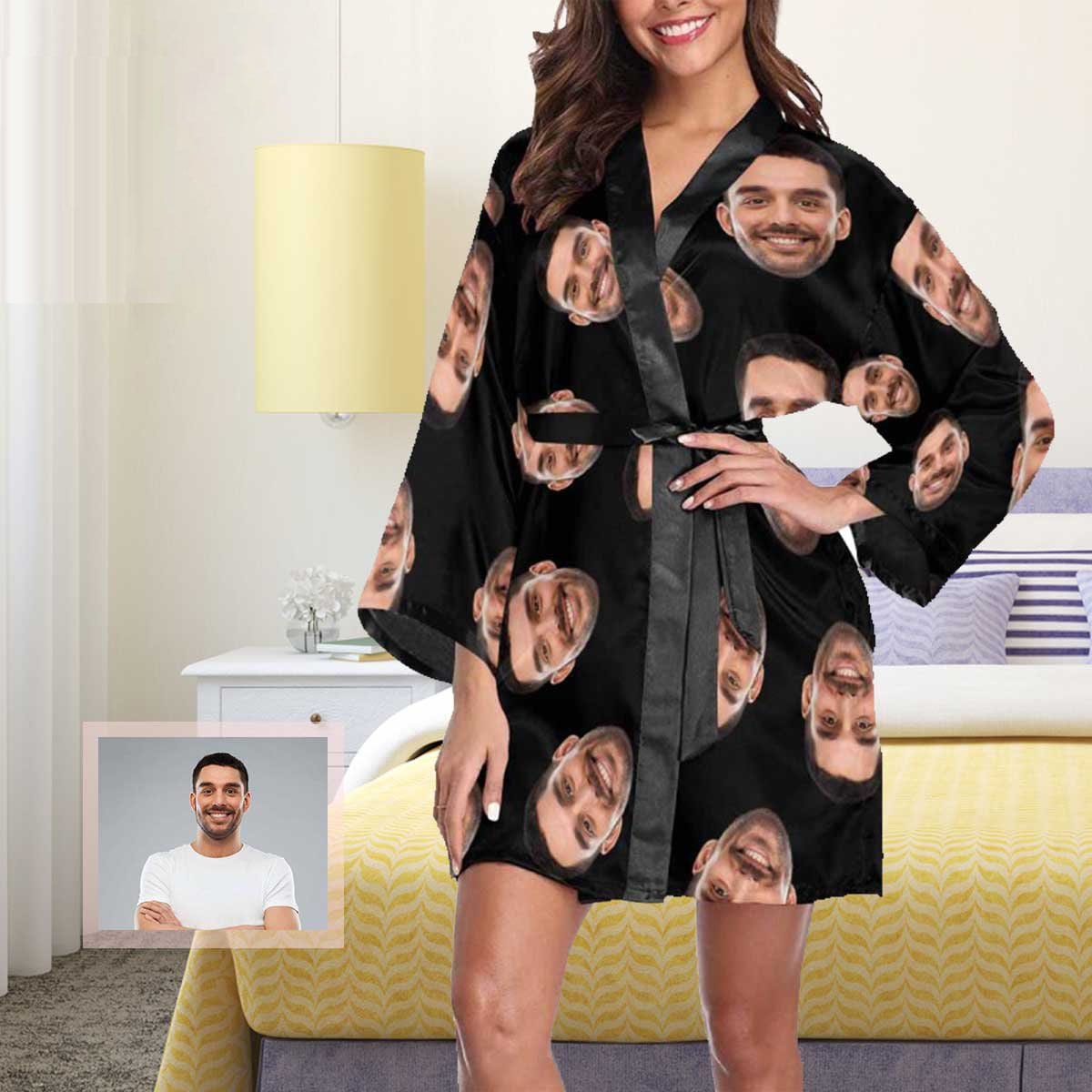 FacePajamas Pajama Custom Boyfriend Face Black Background Women's Short Pajamas Funny Personalized Photo Pajamas Kimono Robe