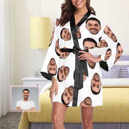 FacePajamas Pajama Custom Boyfriend Face Black Background Women's Short Pajamas Funny Personalized Photo Pajamas Kimono Robe