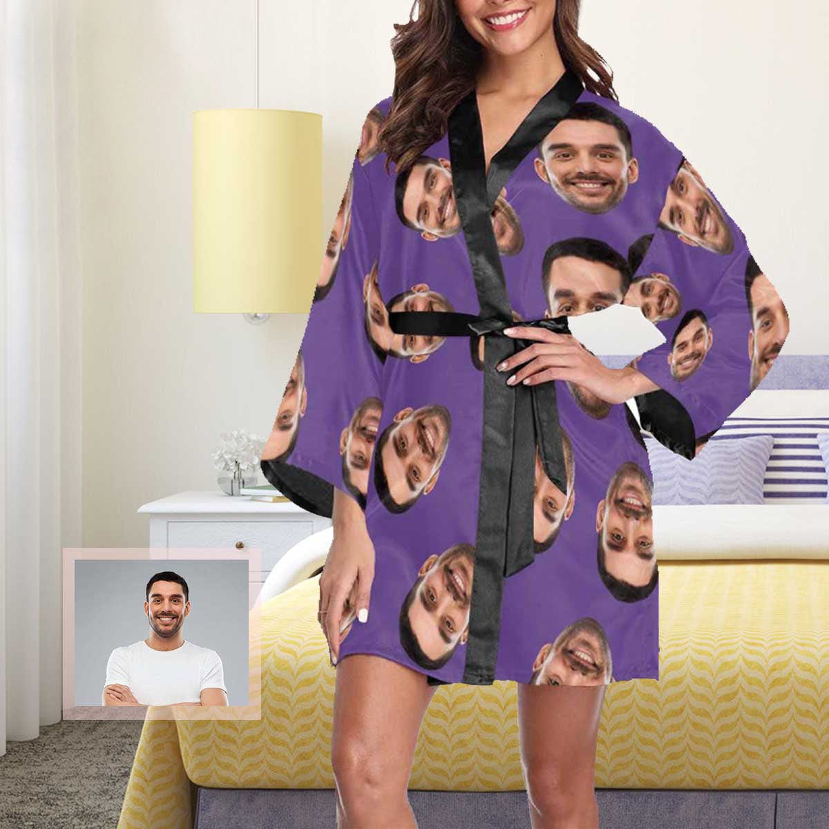 FacePajamas Pajama Custom Boyfriend Face Black Background Women's Short Pajamas Funny Personalized Photo Pajamas Kimono Robe