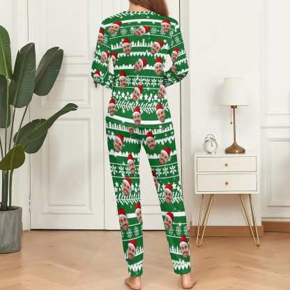 FacePajamas Pajama Custom Boyfriend Face Christmas Pattern Sleepwear Personalized Women's Slumber Party Crewneck Long Pajamas Set