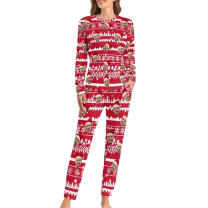 FacePajamas Pajama Custom Boyfriend Face Christmas Pattern Sleepwear Personalized Women's Slumber Party Crewneck Long Pajamas Set