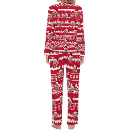 FacePajamas Pajama Custom Boyfriend Face Christmas Pattern Sleepwear Personalized Women's Slumber Party Crewneck Long Pajamas Set