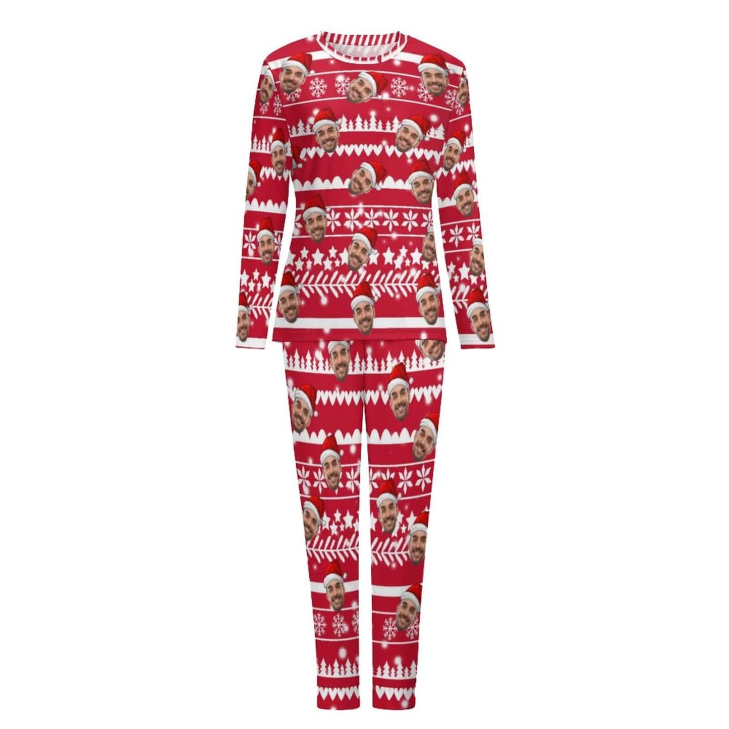 FacePajamas Pajama Custom Boyfriend Face Christmas Pattern Sleepwear Personalized Women's Slumber Party Crewneck Long Pajamas Set