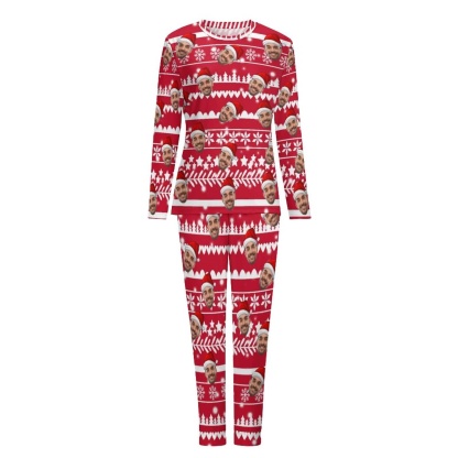 FacePajamas Pajama Custom Boyfriend Face Christmas Pattern Sleepwear Personalized Women's Slumber Party Crewneck Long Pajamas Set