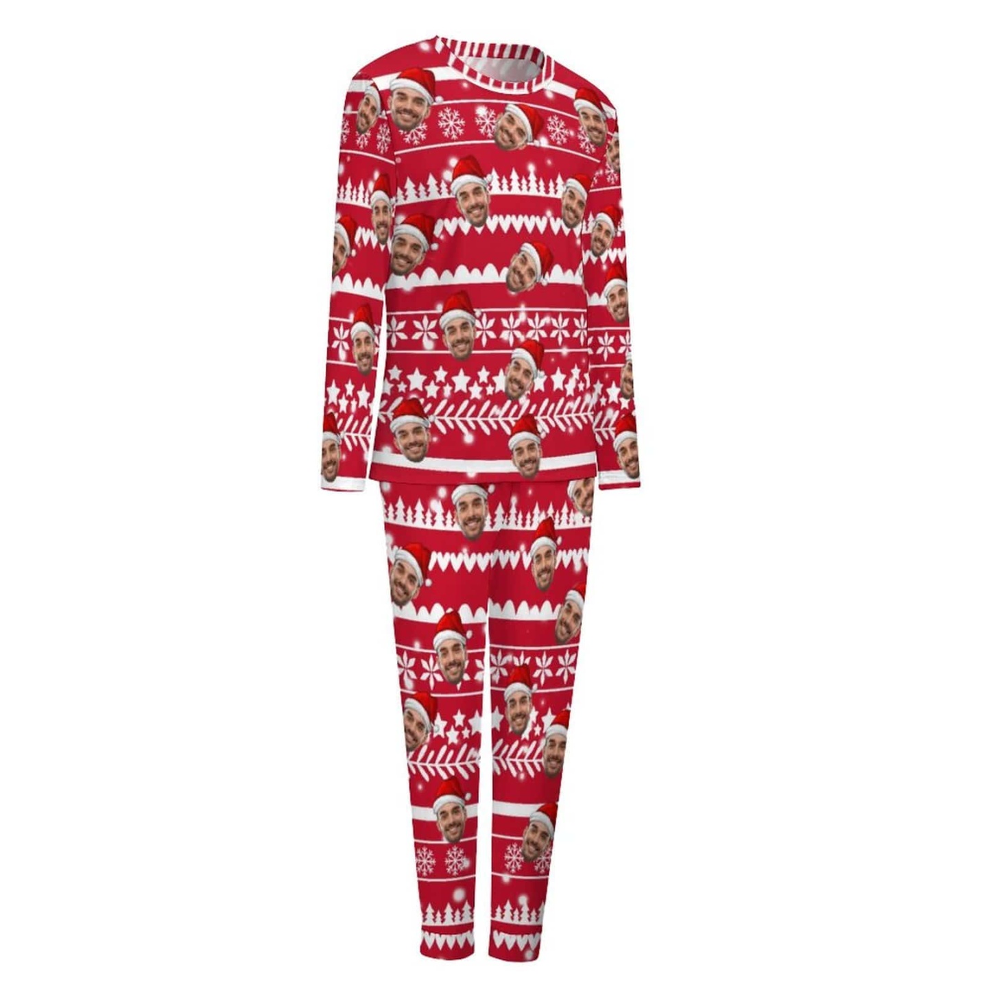 FacePajamas Pajama Custom Boyfriend Face Christmas Pattern Sleepwear Personalized Women's Slumber Party Crewneck Long Pajamas Set