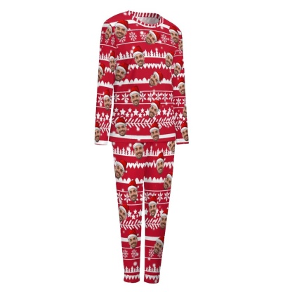 FacePajamas Pajama Custom Boyfriend Face Christmas Pattern Sleepwear Personalized Women's Slumber Party Crewneck Long Pajamas Set