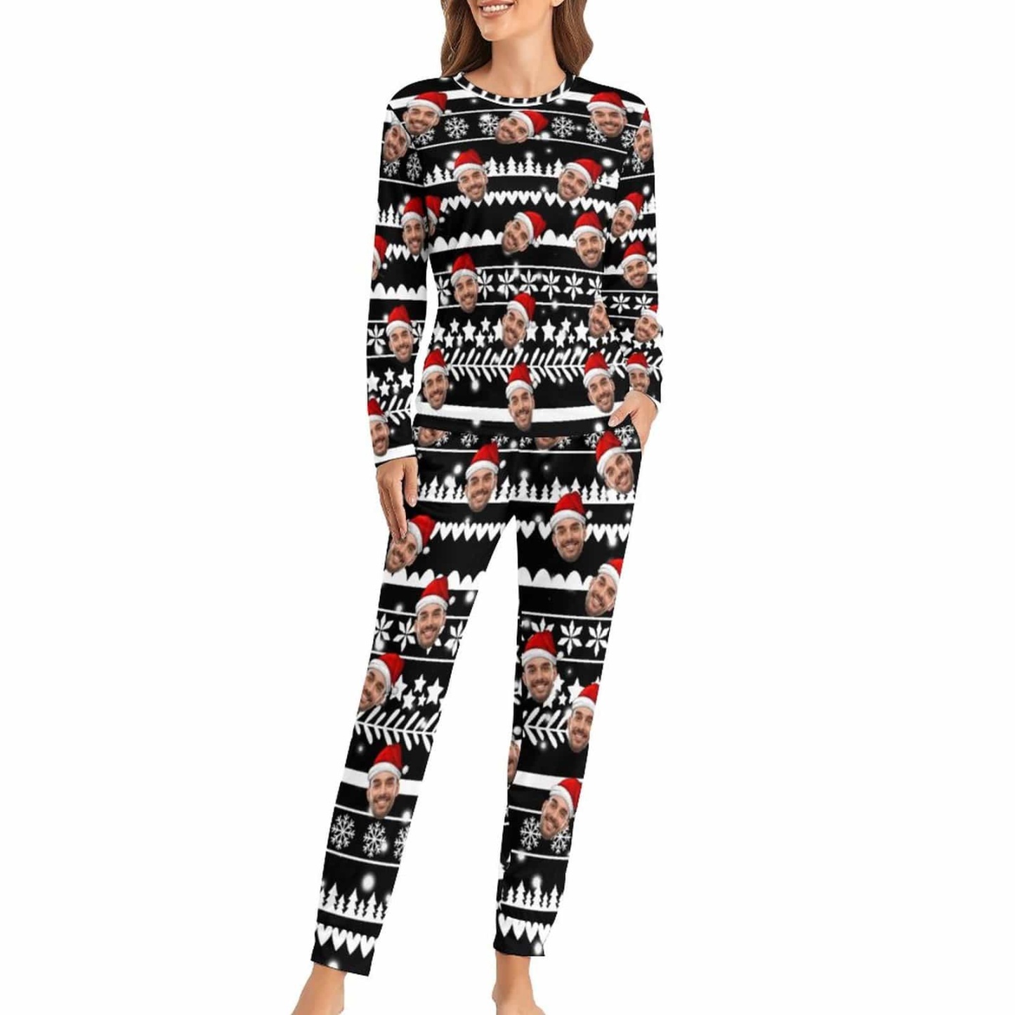 FacePajamas Pajama Custom Boyfriend Face Christmas Pattern Sleepwear Personalized Women's Slumber Party Crewneck Long Pajamas Set