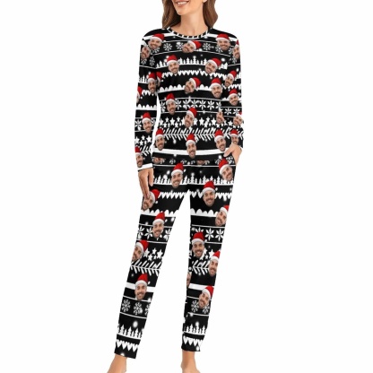 FacePajamas Pajama Custom Boyfriend Face Christmas Pattern Sleepwear Personalized Women's Slumber Party Crewneck Long Pajamas Set