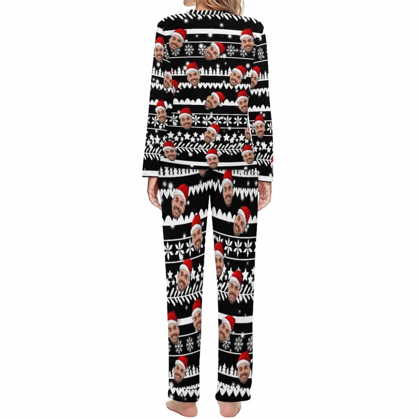 FacePajamas Pajama Custom Boyfriend Face Christmas Pattern Sleepwear Personalized Women's Slumber Party Crewneck Long Pajamas Set