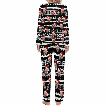 FacePajamas Pajama Custom Boyfriend Face Christmas Pattern Sleepwear Personalized Women's Slumber Party Crewneck Long Pajamas Set